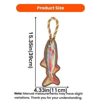 Rainbow trout rope dog toy size chart showing 15.35 inches long and 4.33 inches wide