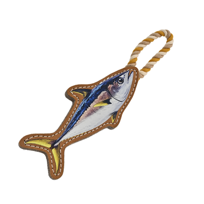 Angled view of tuna-shaped leather dog toy with twisted cotton rope handle