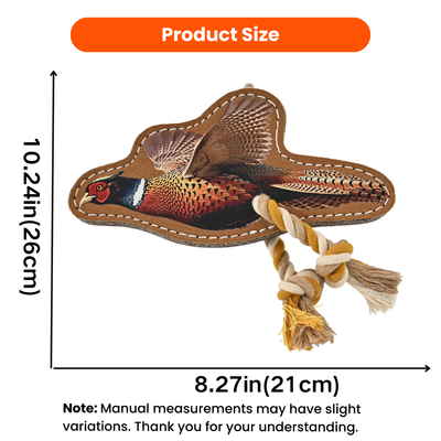 Pheasant Suede Leather Dog Toy Size Guide Pheasant leather dog toy size 8.27 x 10.24 inches with rope tassel
