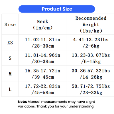 Adjustable Dog Collar Size Chart XS to L Dog collar size chart showing neck measurements from XS to L for different dog sizes