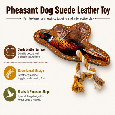Pheasant Dog Suede Leather Toy Features Pheasant dog toy with suede leather surface rope tassels and realistic bird design