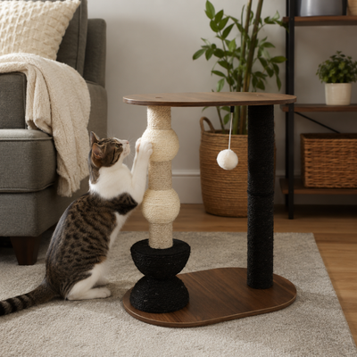 Indoor cat using a modern sisal scratching tree with wood platform and hanging toy