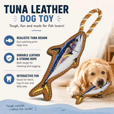 Tuna leather dog toy feature infographic showing realistic fish design, leather material and rope handle