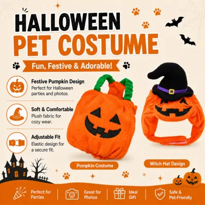 Halloween Pumpkin Pet Costume with Witch Hat Design Orange Halloween pumpkin pet costume with witch hat, soft plush fabric and adjustable fit for dogs and cats