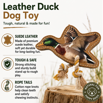 Suede Leather Duck Dog Toy Features Suede leather duck dog toy showing durable stitching, natural leather material and knotted cotton rope features