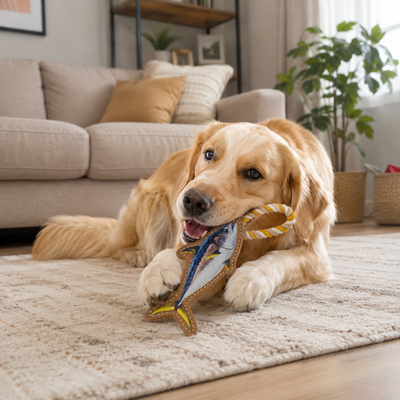 Golden Retriever chewing a tuna-shaped leather dog toy with rope handle in a living room