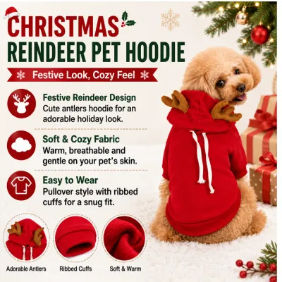 Christmas Reindeer Pet Hoodie Features for Dogs Small dog wearing a red Christmas reindeer pet hoodie with antler hood, ribbed cuffs and soft warm fabric