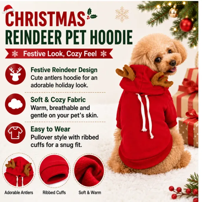Christmas Reindeer Pet Hoodie Features for Dogs Small dog wearing a red Christmas reindeer pet hoodie with antler hood, ribbed cuffs and soft warm fabric