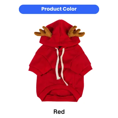 Red Christmas Reindeer Pet Hoodie Color Option Red color option of Christmas reindeer pet hoodie with brown antlers and white hood drawstrings