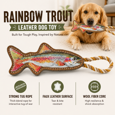 Rainbow trout dog toy with strong tug rope, faux leather surface and wool fiber core for interactive play