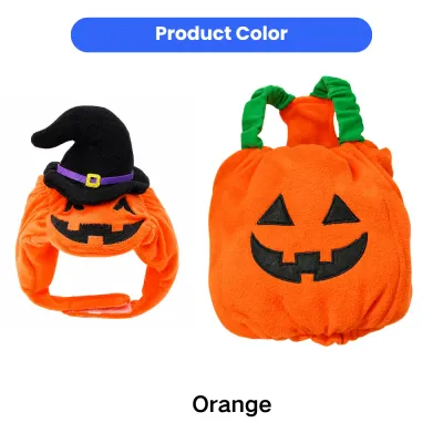 Orange Halloween Pumpkin Pet Costume Color Display Orange Halloween pumpkin pet costume with matching pumpkin witch hat shown as the available product color
