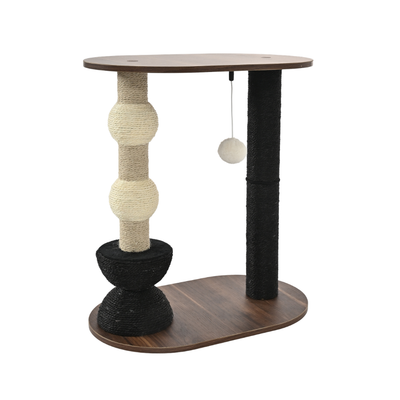 Modern indoor cat scratcher with two sisal scratching posts, wood platform and hanging ball toy
