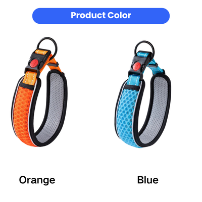 Breathable Reflective Dog Collar Colors Orange and Blue Orange and blue breathable mesh dog collars with reflective trim, safety buckle and D-ring