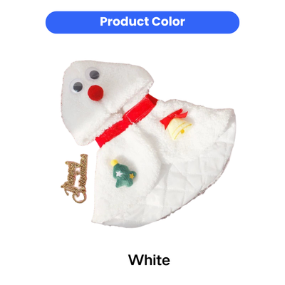 White Cat Christmas Snowman Cape Color White plush cat Christmas snowman cape with red collar and festive decorations