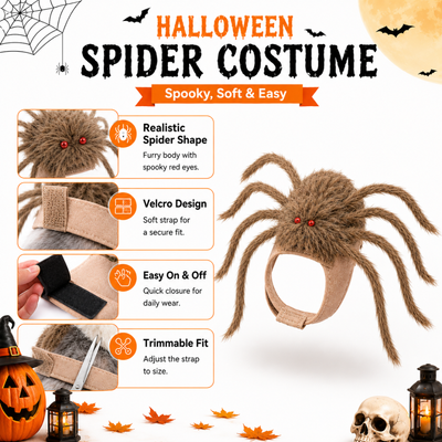 Halloween Spider Costume for Pets Features Halloween spider pet costume with furry spider shape, red eyes, adjustable hook and loop straps and trimmable fit