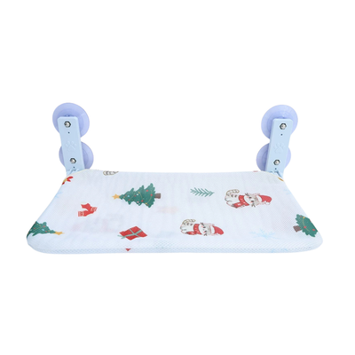 Festive Cat Window Hammock with Suction Cup Mounts Festive Christmas cat window bed with suction cup brackets and white holiday patterned hammock surface