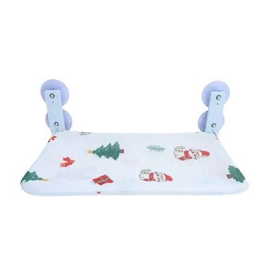 Festive Cat Window Hammock with Suction Cup Mounts Festive Christmas cat window bed with suction cup brackets and white holiday patterned hammock surface
