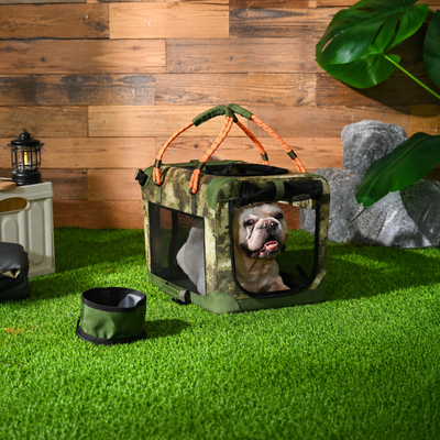 Portable Dog Carrier for Outdoor Travel Dog resting inside a foldable camouflage pet carrier with breathable mesh panels in an outdoor camping setting.