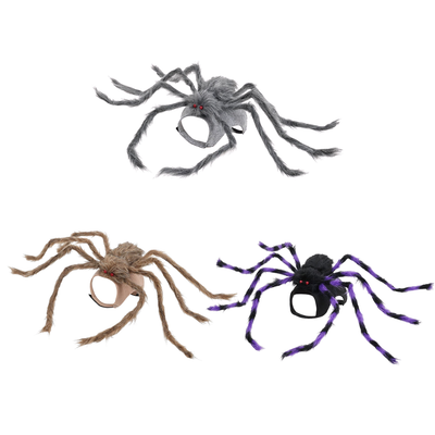 Halloween Spider Pet Costume Grey Brown Purple Grey, brown and black purple Halloween spider pet costumes displayed on a white background