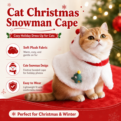 Cat Christmas Snowman Cape Features Cat wearing a white Christmas snowman cape with soft plush fabric and festive holiday design