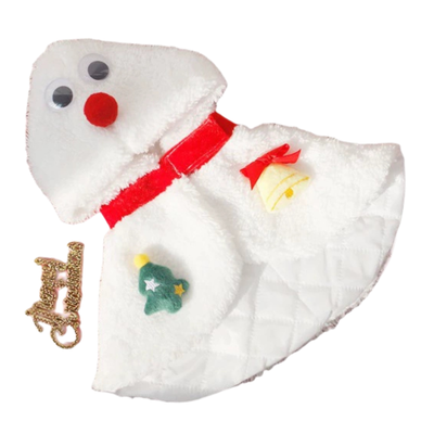 White Plush Christmas Snowman Cape for Cats White plush Christmas snowman cape for cats with red collar tree and bell decorations on white background