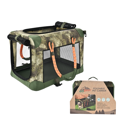 Foldable Pet Carrier with Retail Packaging Foldable camouflage pet carrier displayed with retail packaging featuring portable design and breathable mesh construction.