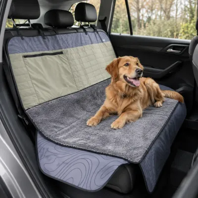 Dog Back Seat Cover for Car Travel Golden retriever resting on a dog back seat cover with absorbent mat inside a car