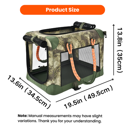 Camouflage Foldable Pet Carrier Size 19.5 x 13.6 x 13.8 in Camouflage foldable pet carrier with breathable mesh panels, measuring 19.5 x 13.6 x 13.8 inches for dogs and cats