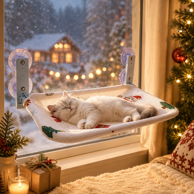 Christmas Cat Window Hammock for Indoor Cats Cat sleeping on Christmas window hammock with suction cups beside a decorated Christmas tree