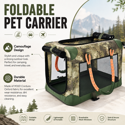 Durable Breathable Foldable Dog Travel Carrier Durable foldable dog travel carrier with camouflage 900D Oxford fabric, breathable mesh windows and portable lightweight construction.