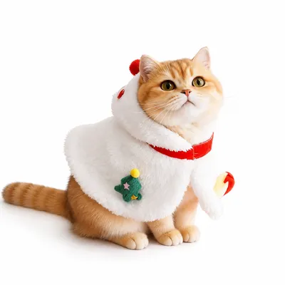 Cat Wearing Christmas Snowman Cape Orange cat wearing a white plush Christmas snowman cape on a clean white background