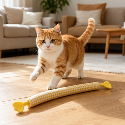 Orange and white cat playing with a yellow gingham squeaky plush stick toy in a living room