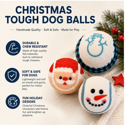 Christmas Felt Dog Toy Balls Features Christmas felt dog toy balls with Santa and snowman designs for holiday play