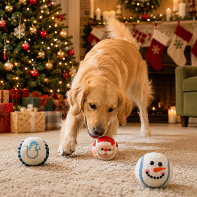 Dog Playing with Christmas Felt Toy Balls Golden Retriever playing with Christmas felt dog toy balls in festive living room
