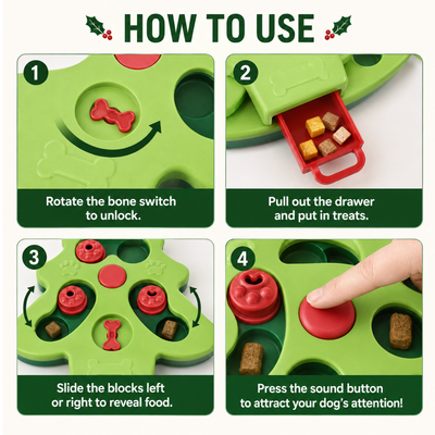 How to use Christmas tree dog puzzle feeder with rotating switch treat drawer sliding covers and sound button