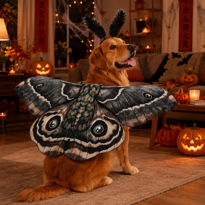 Dog Butterfly Wings Halloween Costume Party Look Golden Retriever wearing black butterfly wings Halloween pet costume with feather headband