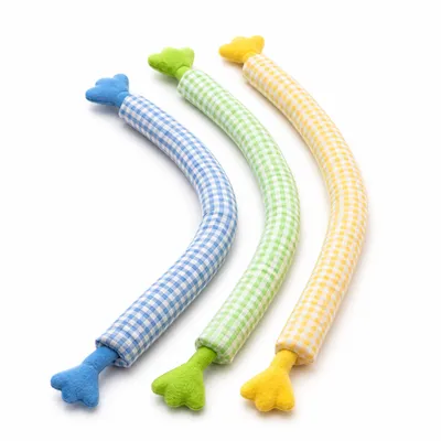 Three long gingham plush cat stick toys in blue green and yellow on a white background
