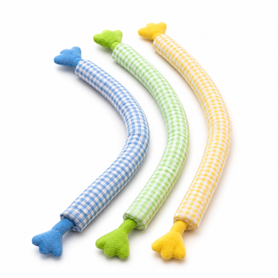 Three long gingham plush cat stick toys in blue green and yellow on a white background