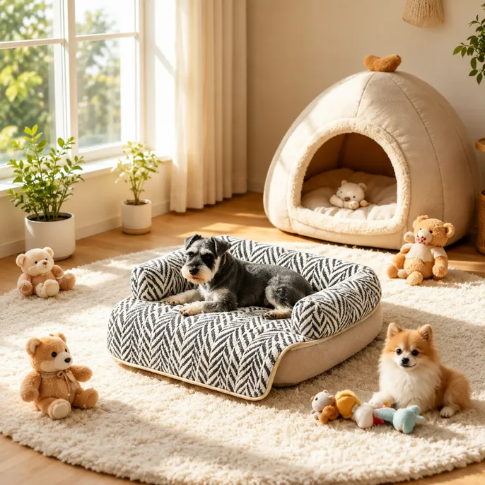 Striped Pet Bed Mat for Small Dogs Small dog relaxing on a black and white striped plush pet bed mat in a cozy living room