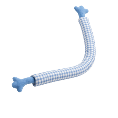 Blue gingham long plush squeaky cat stick toy with soft bone shaped ends on white background