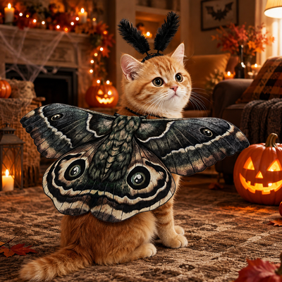 Cat Wearing Butterfly Wings Halloween Costume Orange cat wearing moth butterfly wings pet Halloween costume in a decorated living room