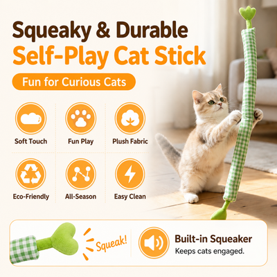Squeaky plush cat stick toy with soft fabric and built in squeaker for interactive play