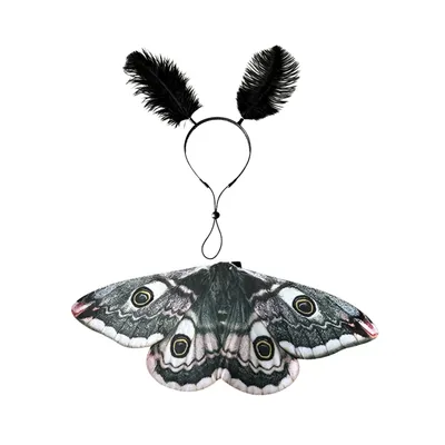 Black moth butterfly wings pet Halloween costume with black feather headband on white background