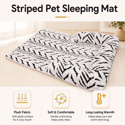 Striped Pet Sleeping Mat Plush Comfort Features Striped pet sleeping mat with soft plush fabric and warm cushioned surface for cats and small dogs