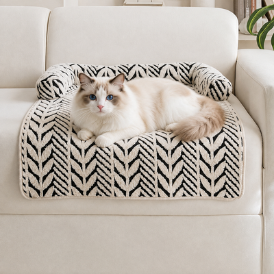 Striped Plush Pet Sleeping Mat for Cats Fluffy cat resting on a black and white striped plush pet sleeping mat on a sofa