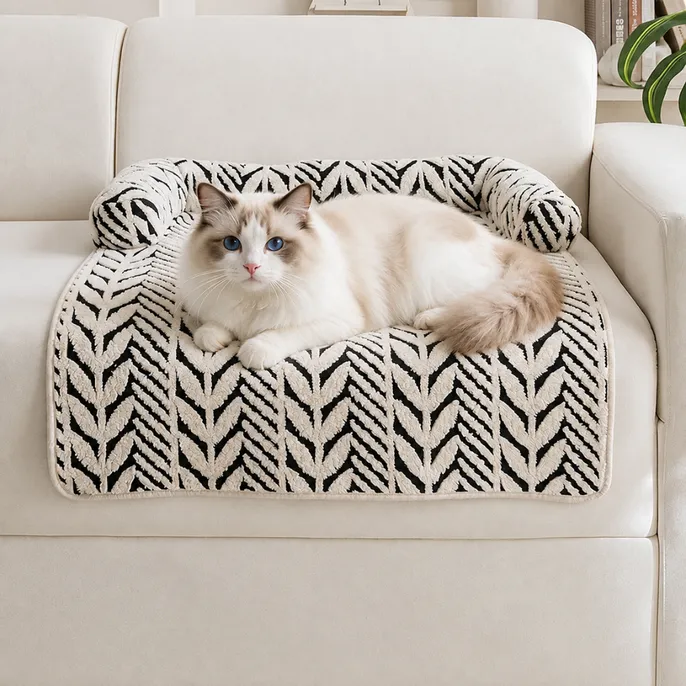 Striped Plush Pet Sleeping Mat for Cats Fluffy cat resting on a black and white striped plush pet sleeping mat on a sofa