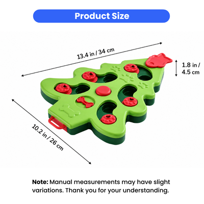 Christmas tree dog puzzle feeder measuring 13.4 by 10.2 by 1.8 inches