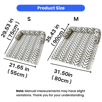 Striped Pet Sleeping Mat Size Guide Striped pet sleeping mat size chart showing small 21.65 by 29.53 inches and medium 31.50 by 35.43 inches