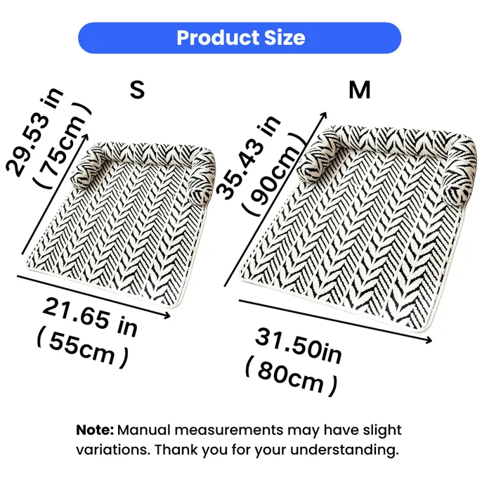 Striped Pet Sleeping Mat Size Guide Striped pet sleeping mat size chart showing small 21.65 by 29.53 inches and medium 31.50 by 35.43 inches