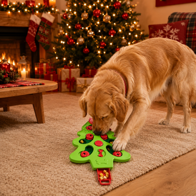 Golden retriever playing with Christmas tree slow feeder puzzle toy in a festive Christmas living room